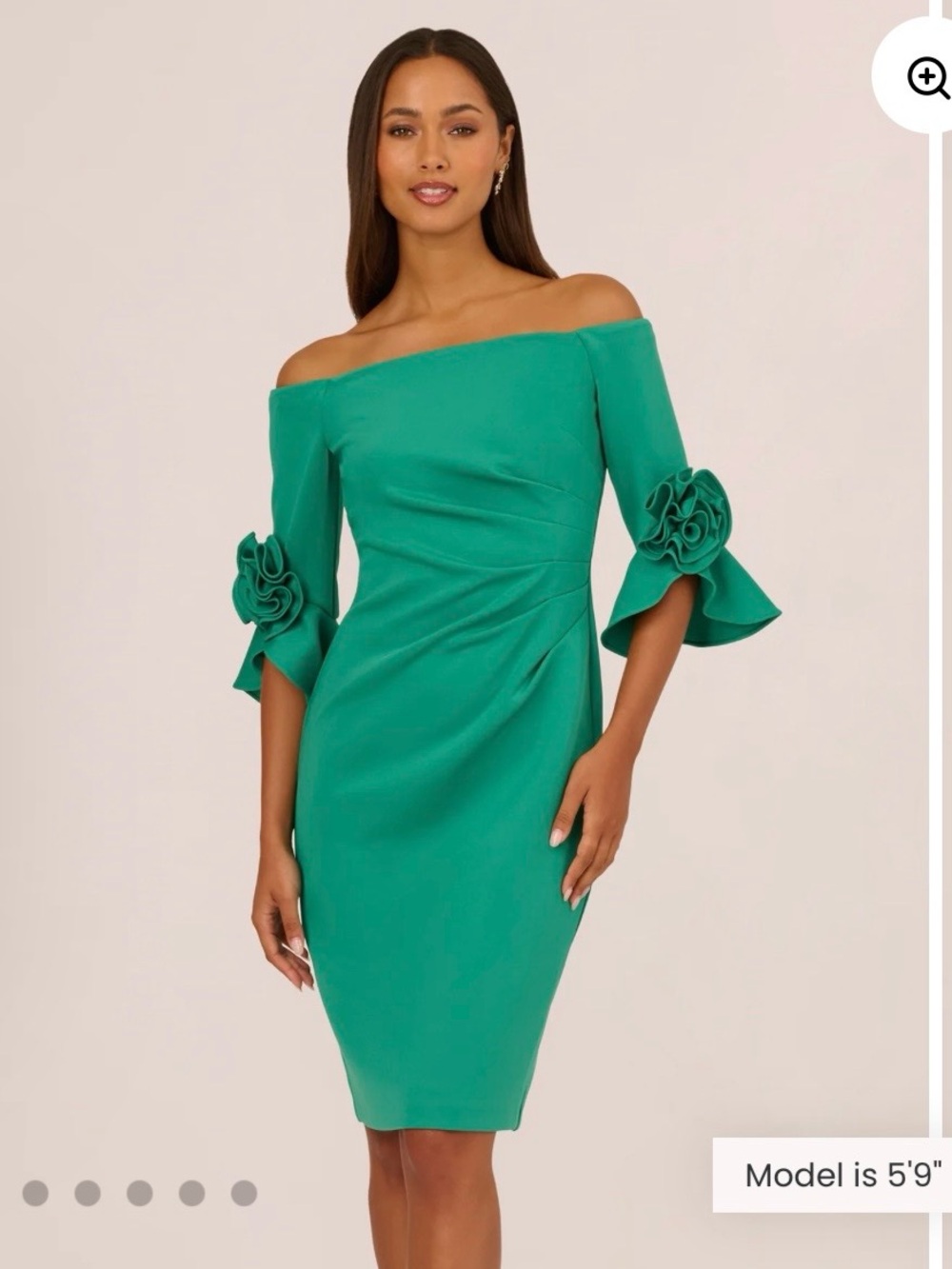 Adrianna Papell Emerald Green Off Shoulder Three Quarter Rosette Sleeve Cocktail